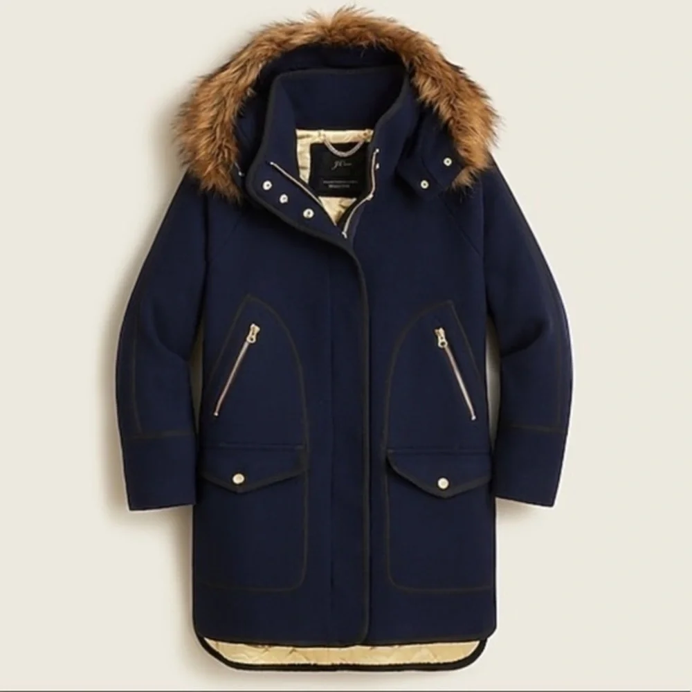 J. Crew summit Italian stadium cloth navy blue gold wool hooded parka coat 4
